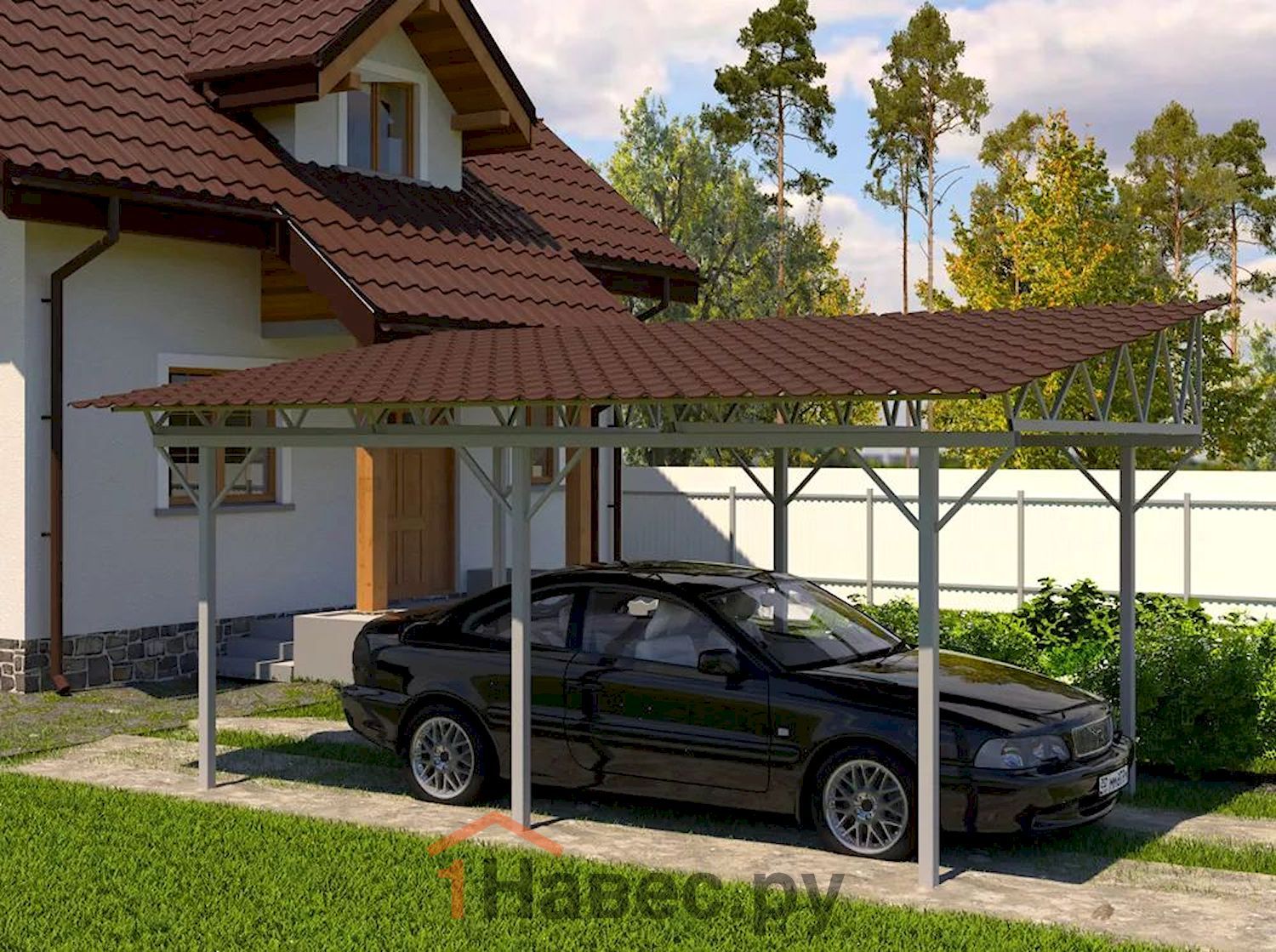 Односкатный навес для авто из металлочерепицы
