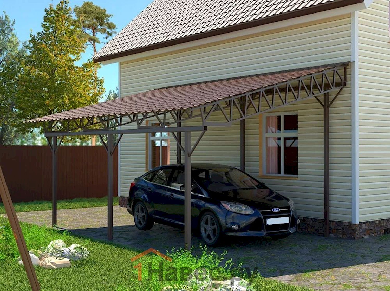 Односкатный навес из металлочерепицы к дому